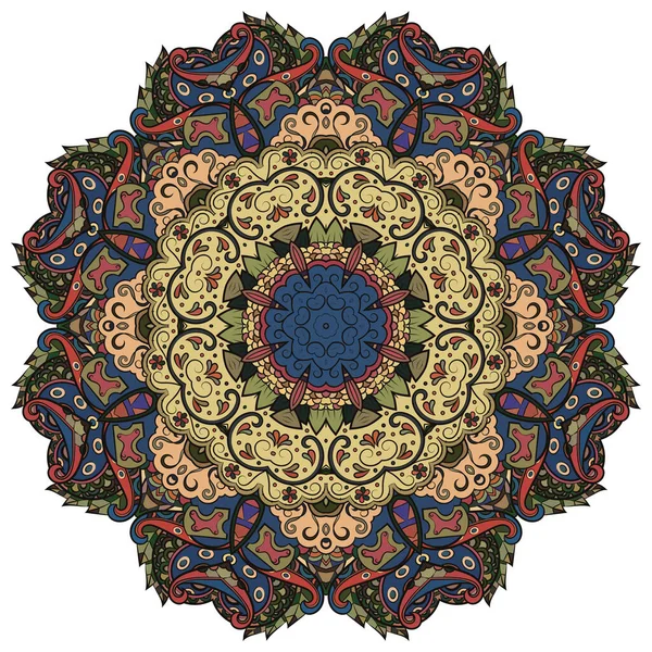 Mandala, tracery τροχό mehndi σχεδιασμό. Έθνικ στολίδι, πολύχρωμη υφή συμμετρίας. Παραδοσιακό πνευματικό φυλετικό σχέδιο. Καμπυλωτό σχήμα, απομονωμένο σε λευκό. Χρωματική τέχνη. Διάνυσμα — Διανυσματικό Αρχείο