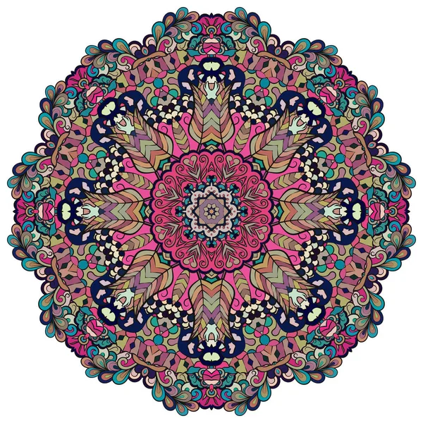 Mandala, rueda de tracería diseño mehndi. Adorno étnico, textura de simetría de garabatos coloridos. Folk diseño tribal espiritual tradicional. Forma curvada, aislada en blanco. Arte a color. Vector — Archivo Imágenes Vectoriales