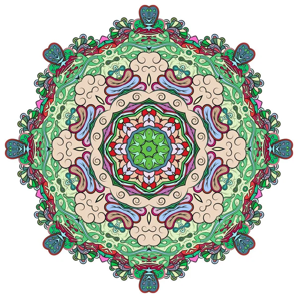 Mandala, spårvagnshjul mehndi design. Etnisk prydnad, färgglada doodle symmetri konsistens. Folklig traditionell andlig stamdesign. Böjd form, isolerad på vitt. Färgkonst. Vektor — Stock vektor