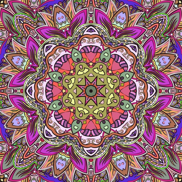 Teja tracery sin costuras mehndi diseño. Adorno étnico, textura de simetría de garabatos coloridos. Folk diseño tribal espiritual tradicional. Motivo de garabato curvado. Arte a color. Vector — Archivo Imágenes Vectoriales