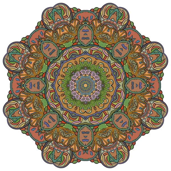 Mandala, wzór koła tropiącego mehndi. Ornament etniczny, kolorowa symetria bazgrołów. Ludowy tradycyjny duchowy projekt plemienny. Zakrzywiony kształt, odizolowany na biało. Sztuka kolorów. Wektor — Wektor stockowy