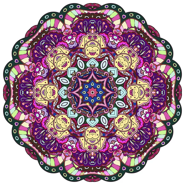 Mandala, spårvagnshjul mehndi design. Etnisk prydnad, färgglada doodle symmetri konsistens. Folklig traditionell andlig stamdesign. Böjd form, isolerad på vitt. Färgkonst. Vektor — Stock vektor