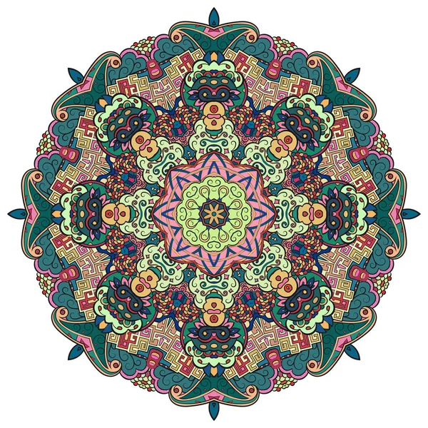 Mandala, rueda de tracería diseño mehndi. Adorno étnico, textura de simetría de garabatos coloridos. Folk diseño tribal espiritual tradicional. Forma curvada, aislada en blanco. Arte a color. Vector — Archivo Imágenes Vectoriales