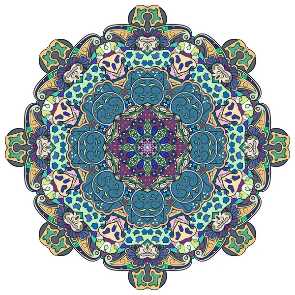 Mandala, roue traceuse design mehndi. Ornement ethnique, texture colorée de symétrie de doodle. Conception tribale spirituelle traditionnelle populaire. Forme incurvée, isolée sur blanc. L'art des couleurs. Vecteur — Image vectorielle
