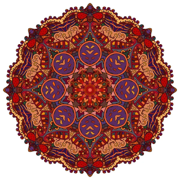 Mandala, tracery wheel mehndi design. Ethnische Ornamente, bunte Gekritzel Symmetrie Textur. Traditionelles spirituelles Stammesdesign. Gebogene Form, isoliert auf weiß. Farbkunst. Vektor — Stockvektor