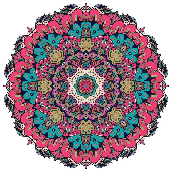 Mandala, wzór koła tropiącego mehndi. Ornament etniczny, kolorowa symetria bazgrołów. Ludowy tradycyjny duchowy projekt plemienny. Zakrzywiony kształt, odizolowany na biało. Sztuka kolorów. Wektor — Wektor stockowy