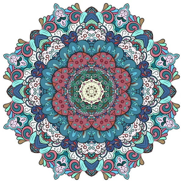 Mandala, roue traceuse design mehndi. Ornement ethnique, texture colorée de symétrie de doodle. Conception tribale spirituelle traditionnelle populaire. Forme incurvée, isolée sur blanc. L'art des couleurs. Vecteur — Image vectorielle