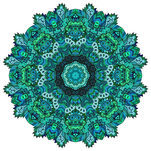 Mandala, wzór koła tropiącego mehndi. Ornament etniczny, kolorowa symetria bazgrołów. Ludowy tradycyjny duchowy projekt plemienny. Zakrzywiony kształt, odizolowany na biało. Sztuka kolorów. Wektor — Wektor stockowy