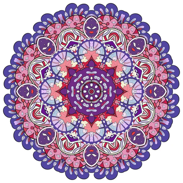 Mandala, tracery τροχό mehndi σχεδιασμό. Έθνικ στολίδι, πολύχρωμη υφή συμμετρίας. Παραδοσιακό πνευματικό φυλετικό σχέδιο. Καμπυλωτό σχήμα, απομονωμένο σε λευκό. Χρωματική τέχνη. Διάνυσμα — Διανυσματικό Αρχείο