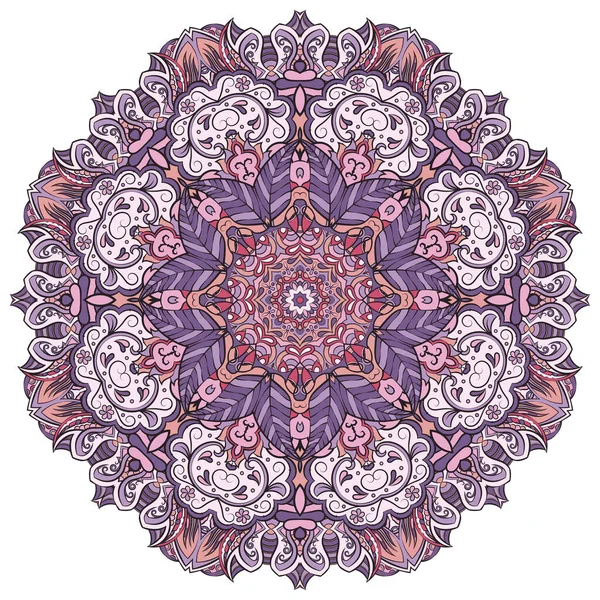 Mandala, rueda de tracería diseño mehndi. Adorno étnico, textura de simetría de garabatos coloridos. Folk diseño tribal espiritual tradicional. Forma curvada, aislada en blanco. Arte a color. Vector — Vector de stock