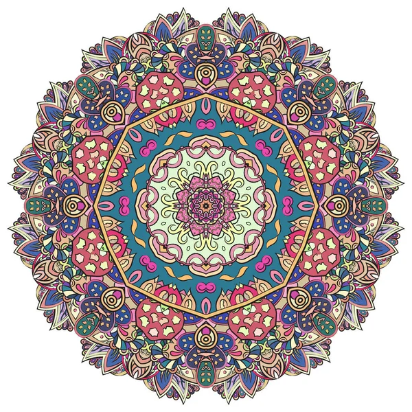 Mandala, tracery wheel mehndi design. Ornamento étnico, textura colorida doodle simetria. Folk tradicional design tribal espiritual. Forma curva, isolada em branco. Arte colorida. Vetor — Vetor de Stock