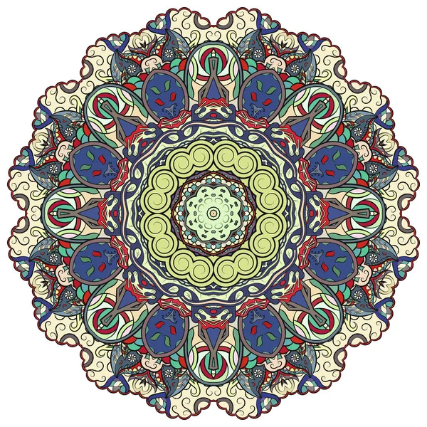 Mandala, spårvagnshjul mehndi design. Etnisk prydnad, färgglada doodle symmetri konsistens. Folklig traditionell andlig stamdesign. Böjd form, isolerad på vitt. Färgkonst. Vektor — Stock vektor