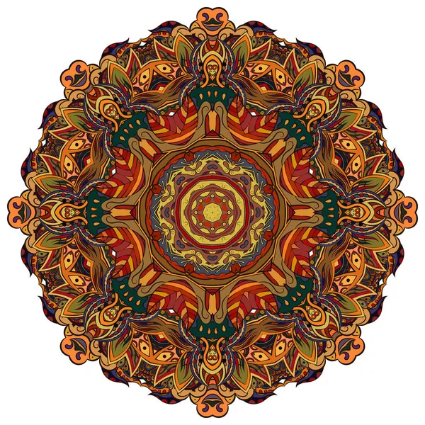 Mandala, tracery wheel mehndi design. Этнический орнамент, красочные каракули симметрии текстуры. Народный традиционный духовный племенной замысел. Изогнутая форма, изолированная на белом. Цветное искусство. Вектор — стоковый вектор