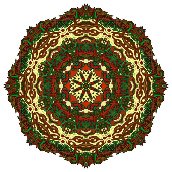 Mandala, wzór koła tropiącego mehndi. Ornament etniczny, kolorowa symetria bazgrołów. Ludowy tradycyjny duchowy projekt plemienny. Zakrzywiony kształt, odizolowany na biało. Sztuka kolorów. Wektor — Wektor stockowy