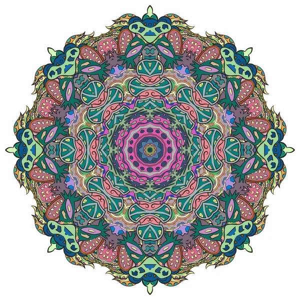 Mandala, tracery wheel mehndi design. Ethnische Ornamente, bunte Gekritzel Symmetrie Textur. Traditionelles spirituelles Stammesdesign. Gebogene Form, isoliert auf weiß. Farbkunst. Vektor — Stockvektor