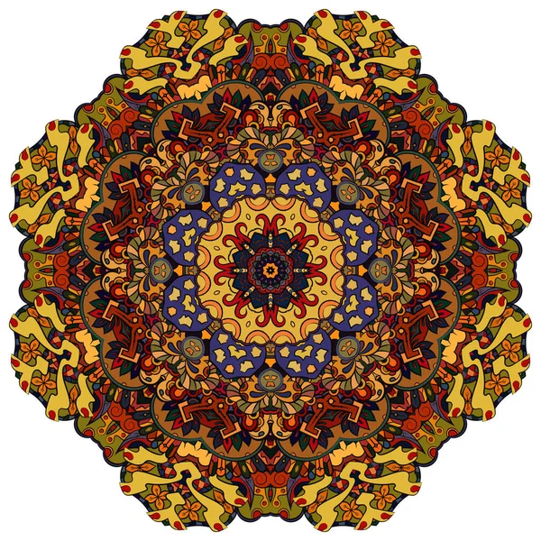Mandala, tracery τροχό mehndi σχεδιασμό. Έθνικ στολίδι, πολύχρωμη υφή συμμετρίας. Παραδοσιακό πνευματικό φυλετικό σχέδιο. Καμπυλωτό σχήμα, απομονωμένο σε λευκό. Χρωματική τέχνη. Διάνυσμα — Διανυσματικό Αρχείο