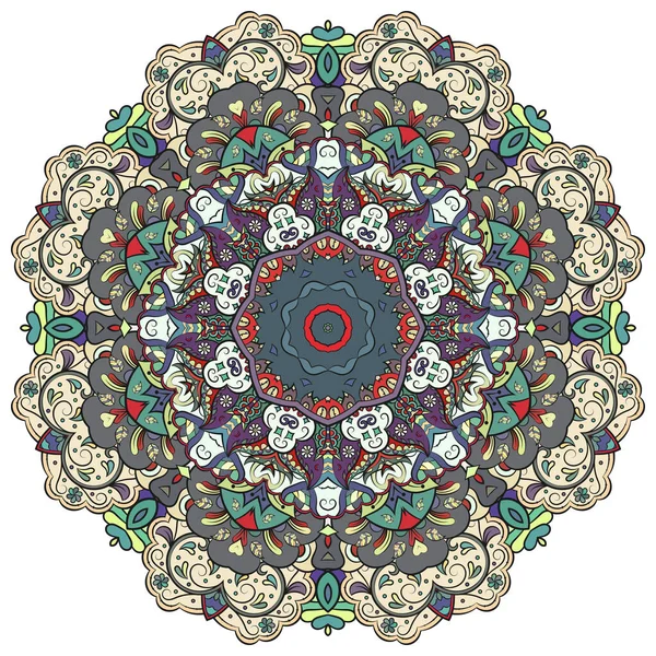 Mandala, wzór koła tropiącego mehndi. Ornament etniczny, kolorowa symetria bazgrołów. Ludowy tradycyjny duchowy projekt plemienny. Zakrzywiony kształt, odizolowany na biało. Sztuka kolorów. Wektor — Wektor stockowy