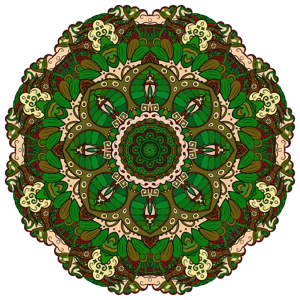 Mandala, rueda de tracería diseño mehndi. Adorno étnico, textura de simetría de garabatos coloridos. Folk diseño tribal espiritual tradicional. Forma curvada, aislada en blanco. Arte a color. Vector — Vector de stock