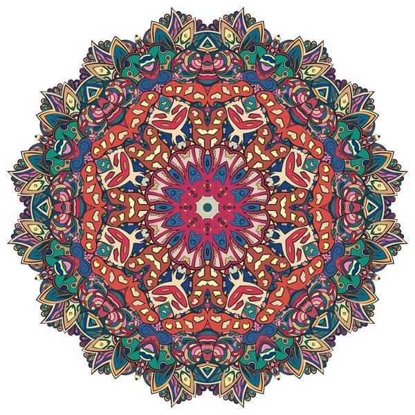 Mandala, rueda de tracería diseño mehndi. Adorno étnico, textura de simetría de garabatos coloridos. Folk diseño tribal espiritual tradicional. Forma curvada, aislada en blanco. Arte a color. Vector — Vector de stock