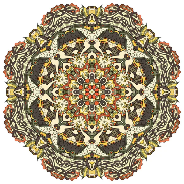 Mandala, wzór koła tropiącego mehndi. Ornament etniczny, kolorowa symetria bazgrołów. Ludowy tradycyjny duchowy projekt plemienny. Zakrzywiony kształt, odizolowany na biało. Sztuka kolorów. Wektor — Wektor stockowy