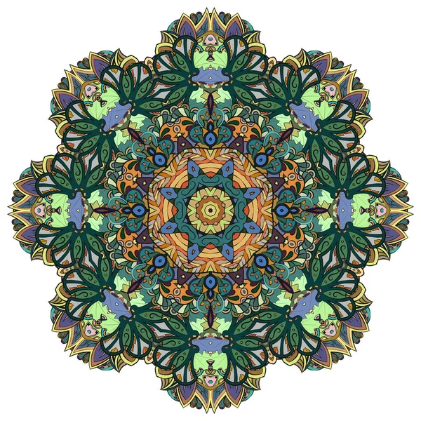 Mandala, roue traceuse design mehndi. Ornement ethnique, texture colorée de symétrie de doodle. Conception tribale spirituelle traditionnelle populaire. Forme incurvée, isolée sur blanc. L'art des couleurs. Vecteur — Image vectorielle