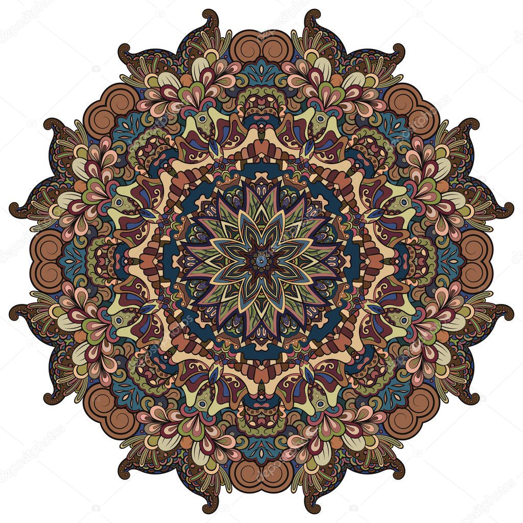 Mandala, tracery wheel mehndi design. Ethnic ornament, colorful doodle symmetry texture. Folk traditional spiritual tribal design. Curved shape, isolated on white. Color art. Vector