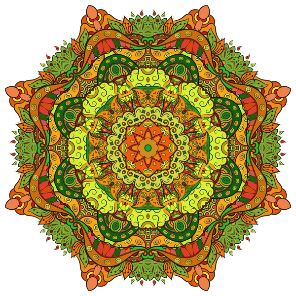 Mandala, rueda de tracería diseño mehndi. Adorno étnico, textura de simetría de garabatos coloridos. Folk diseño tribal espiritual tradicional. Forma curvada, aislada en blanco. Arte a color. Vector — Vector de stock