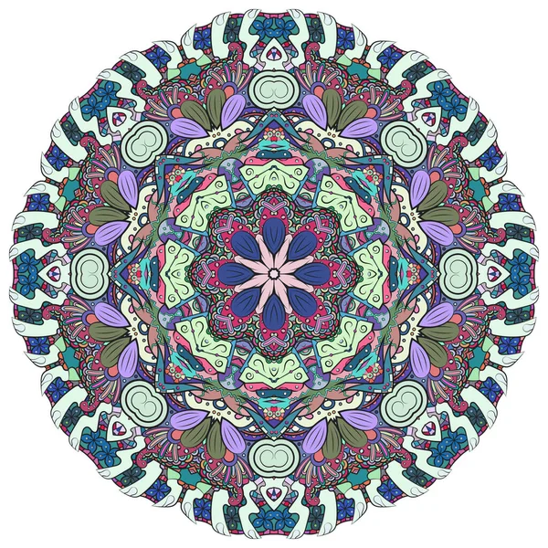 Mandala, rueda de tracería diseño mehndi. Adorno étnico, textura de simetría de garabatos coloridos. Folk diseño tribal espiritual tradicional. Forma curvada, aislada en blanco. Arte a color. Vector — Archivo Imágenes Vectoriales