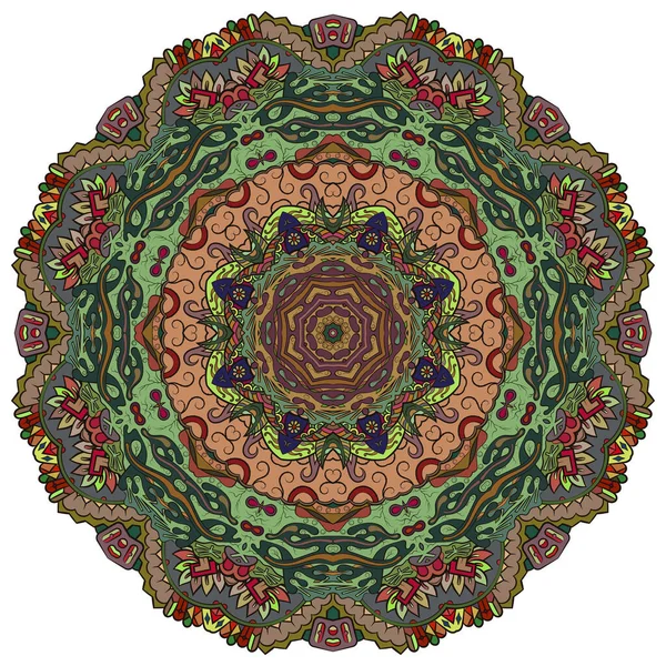 Mandala, tracery wheel mehndi design. Этнический орнамент, красочные каракули симметрии текстуры. Народный традиционный духовный племенной замысел. Изогнутая форма, изолированная на белом. Цветное искусство. Вектор — стоковый вектор