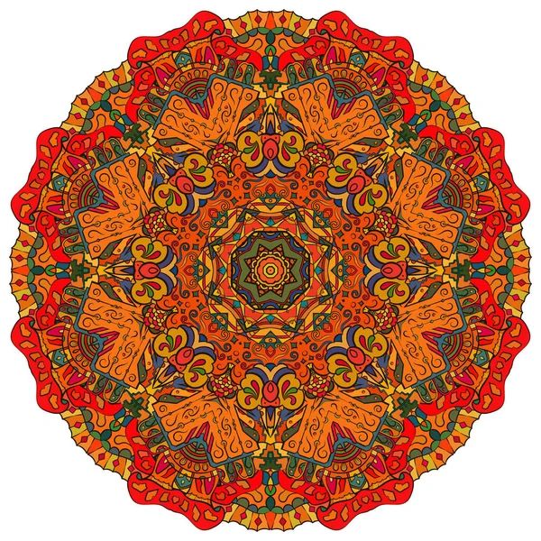 Mandala, rueda de tracería diseño mehndi. Adorno étnico, textura de simetría de garabatos coloridos. Folk diseño tribal espiritual tradicional. Forma curvada, aislada en blanco. Arte a color. Vector — Vector de stock