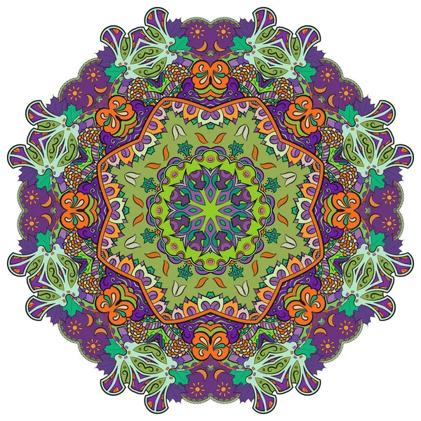 Mandala, wzór koła tropiącego mehndi. Ornament etniczny, kolorowa symetria bazgrołów. Ludowy tradycyjny duchowy projekt plemienny. Zakrzywiony kształt, odizolowany na biało. Sztuka kolorów. Wektor — Wektor stockowy