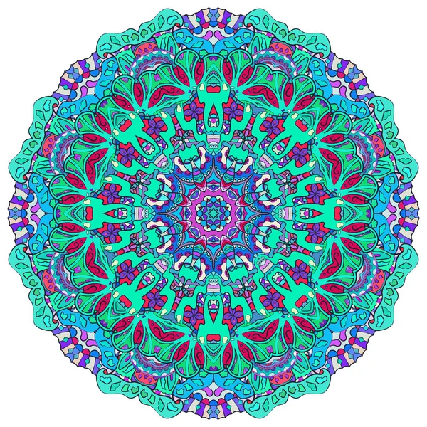 Mandala, rueda de tracería diseño mehndi. Adorno étnico, textura de simetría de garabatos coloridos. Folk diseño tribal espiritual tradicional. Forma curvada, aislada en blanco. Arte a color. Vector — Archivo Imágenes Vectoriales