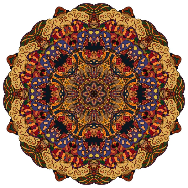 Mandala, rueda de tracería diseño mehndi. Adorno étnico, textura de simetría de garabatos coloridos. Folk diseño tribal espiritual tradicional. Forma curvada, aislada en blanco. Arte a color. Vector — Vector de stock