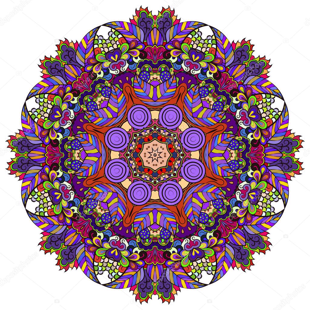 Mandala, tracery wheel mehndi design. Ethnic ornament, colorful doodle symmetry texture. Folk traditional spiritual tribal design. Curved shape, isolated on white. Color art. Vector