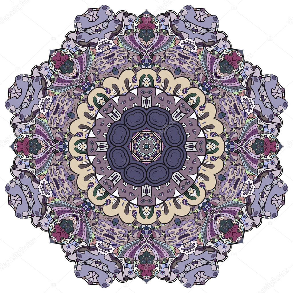 Mandala, tracery wheel mehndi design. Ethnic ornament, colorful doodle symmetry texture. Folk traditional spiritual tribal design. Curved shape, isolated on white. Color art. Vector