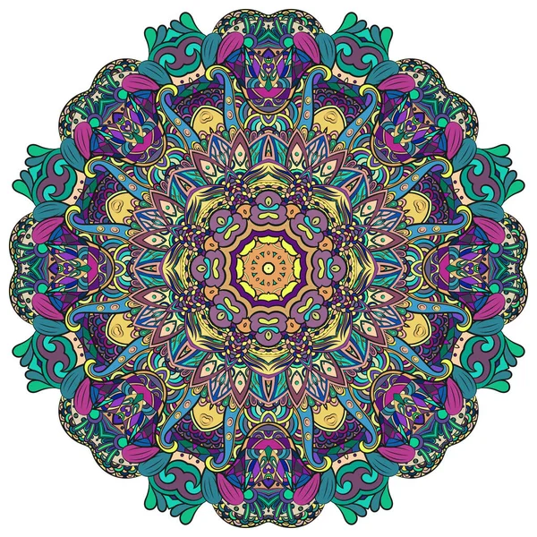 Mandala, rueda de tracería diseño mehndi. Adorno étnico, textura de simetría de garabatos coloridos. Folk diseño tribal espiritual tradicional. Forma curvada, aislada en blanco. Arte a color. Vector — Archivo Imágenes Vectoriales