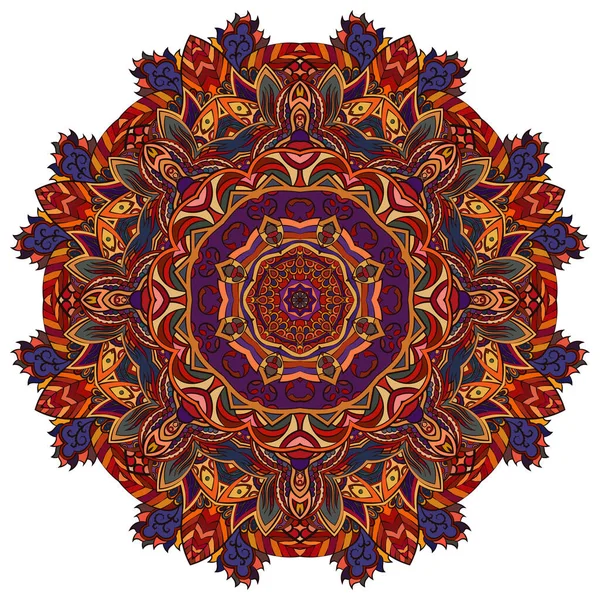 Mandala, rueda de tracería diseño mehndi. Adorno étnico, textura de simetría de garabatos coloridos. Folk diseño tribal espiritual tradicional. Forma curvada, aislada en blanco. Arte a color. Vector — Vector de stock