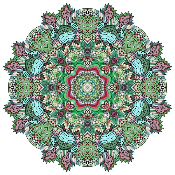 Mandala, tracery wheel mehndi design. Ethnische Ornamente, bunte Gekritzel Symmetrie Textur. Traditionelles spirituelles Stammesdesign. Gebogene Form, isoliert auf weiß. Farbkunst. Vektor — Stockvektor