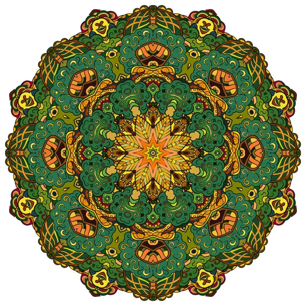 Mandala, roue traceuse design mehndi. Ornement ethnique, texture colorée de symétrie de doodle. Conception tribale spirituelle traditionnelle populaire. Forme incurvée, isolée sur blanc. L'art des couleurs. Vecteur — Image vectorielle