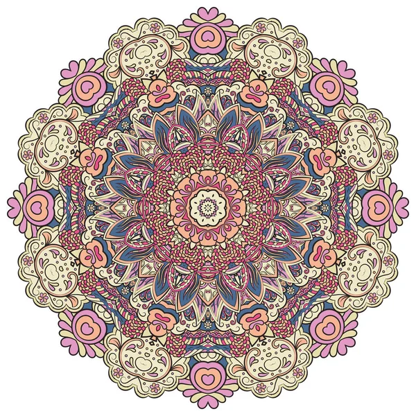 Mandala, tracery wheel mehndi design. Ornamento étnico, textura colorida doodle simetria. Folk tradicional design tribal espiritual. Forma curva, isolada em branco. Arte colorida. Vetor — Vetor de Stock