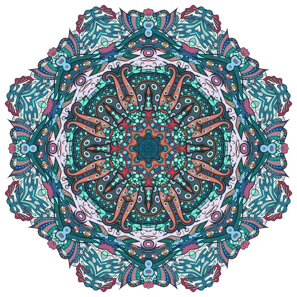 Mandala, tracery wheel mehndi design. Ethnische Ornamente, bunte Gekritzel Symmetrie Textur. Traditionelles spirituelles Stammesdesign. Gebogene Form, isoliert auf weiß. Farbkunst. Vektor — Stockvektor