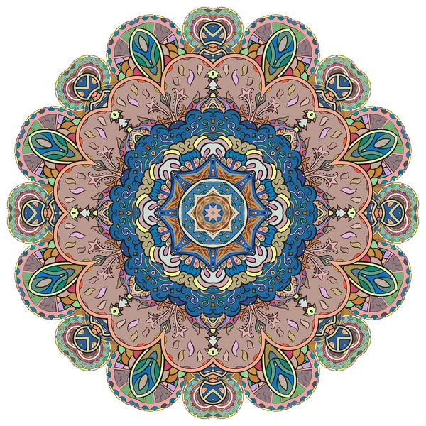 Mandala, tracery wheel mehndi design. Ornamento étnico, textura colorida doodle simetria. Folk tradicional design tribal espiritual. Forma curva, isolada em branco. Arte colorida. Vetor — Vetor de Stock