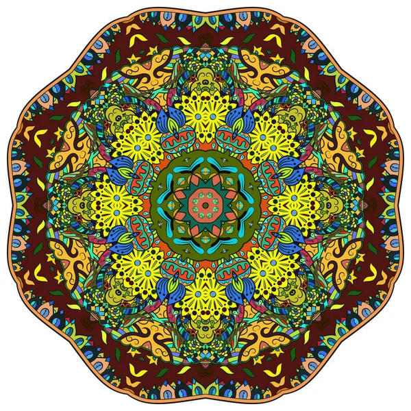 Mandala, takip tekeri mehndi tasarımı. Etnik süs, renkli karalama simetri dokusu. Geleneksel ruhani kabile tasarımı. Kıvrımlı, beyaz üzerinde yalıtılmış. Renk sanatı. Vektör — Stok Vektör