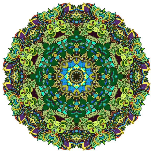 Mandala, rueda de tracería diseño mehndi. Adorno étnico, textura de simetría de garabatos coloridos. Folk diseño tribal espiritual tradicional. Forma curvada, aislada en blanco. Arte a color. Vector — Vector de stock
