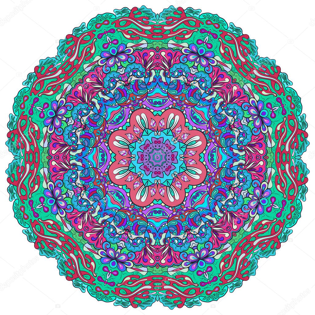 Mandala, tracery wheel mehndi design. Ethnic ornament, colorful doodle symmetry texture. Folk traditional spiritual tribal design. Curved shape, isolated on white. Color art. Vector