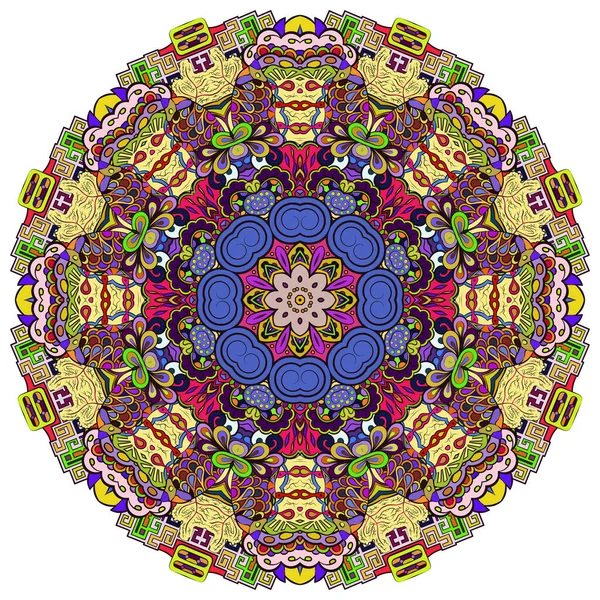 Mandala, tracery wheel mehndi design. Ethnische Ornamente, bunte Gekritzel Symmetrie Textur. Traditionelles spirituelles Stammesdesign. Gebogene Form, isoliert auf weiß. Farbkunst. Vektor — Stockvektor