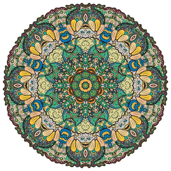 Mandala, wzór koła tropiącego mehndi. Ornament etniczny, kolorowa symetria bazgrołów. Ludowy tradycyjny duchowy projekt plemienny. Zakrzywiony kształt, odizolowany na biało. Sztuka kolorów. Wektor — Wektor stockowy