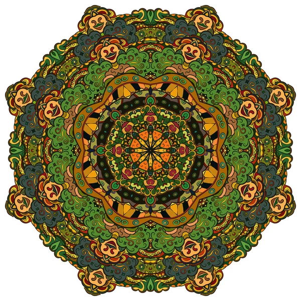 Mandala, rueda de tracería diseño mehndi. Adorno étnico, textura de simetría de garabatos coloridos. Folk diseño tribal espiritual tradicional. Forma curvada, aislada en blanco. Arte a color. Vector — Vector de stock