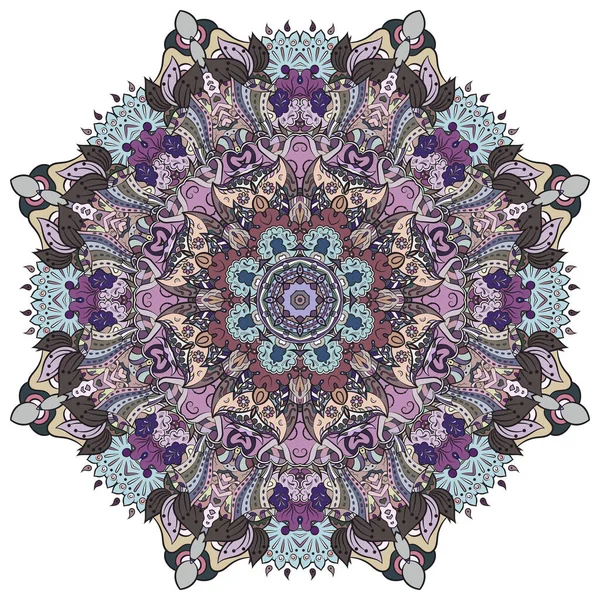 Mandala, rueda de tracería diseño mehndi. Adorno étnico, textura de simetría de garabatos coloridos. Folk diseño tribal espiritual tradicional. Forma curvada, aislada en blanco. Arte a color. Vector — Vector de stock