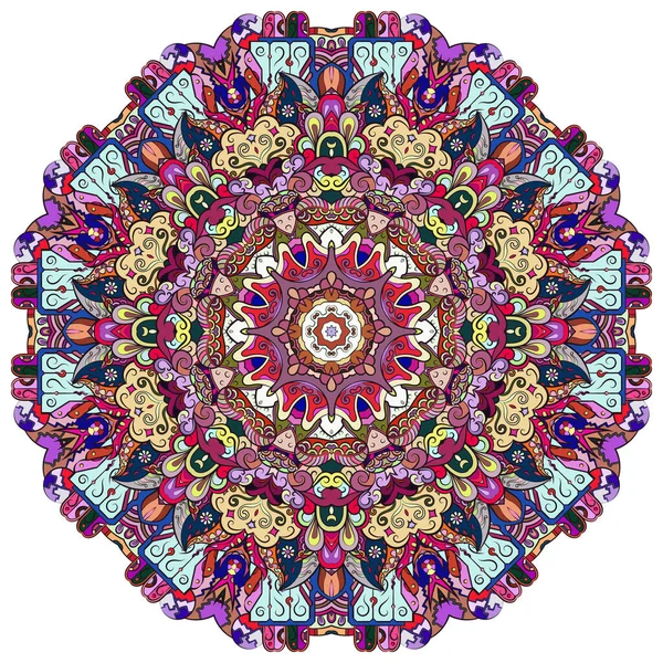 Mandala, wzór koła tropiącego mehndi. Ornament etniczny, kolorowa symetria bazgrołów. Ludowy tradycyjny duchowy projekt plemienny. Zakrzywiony kształt, odizolowany na biało. Sztuka kolorów. Wektor — Wektor stockowy